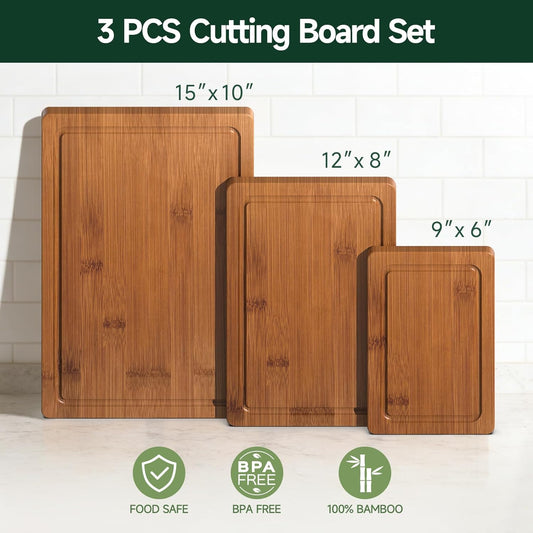 3-Piece Set Deep-Carbonized Bamboo Cutting Board for Kitchen - Crack-Resistant Wood Chopping Boards with Deep Juice Grooves, Pre-Oiled Butcher Block for Meat, Vegetables & Cheese, Carbonized