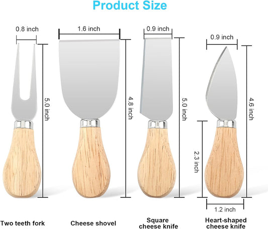 4 PCS Cheese Knife Set for Charcuterie Board, Wood Handle Stainless Steel Cheese Slicer & Cutter Utensils with Mini Knife, Butter Knife, Fork