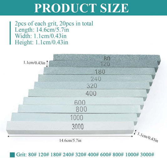 20Pcs Rectangular Sharpening Stone Set, 80#-3000# Green Silicon Carbide Whetstone Stones Sticks, Honing Stone Sharpening Stones for Knives Polishing Carving Models Metal Cutting Tools