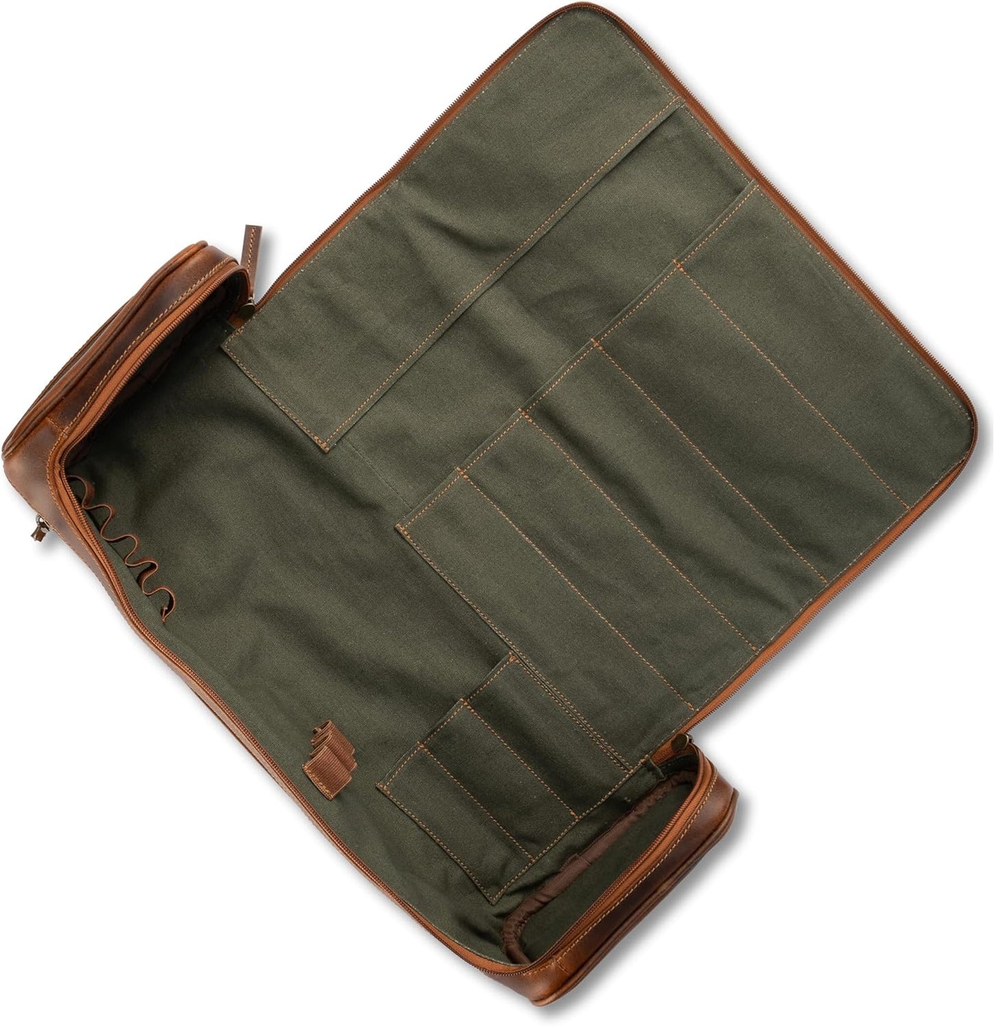premium leather knife bag-case, XXL chef's roll bag with huge storage space and extras - waxed vintage buffalo leather, Arvid (Walnut-Brown)