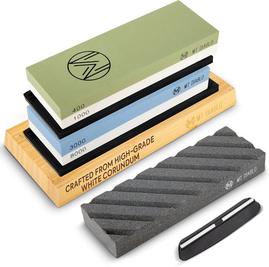 Knife Sharpener Stone Kit for Chefs & Woodworkers: Dual-Grit Whetstones 400/1000 & 3000/8000, Premium White Corundum, Knife Sharpening Kit with Bamboo Base & Angle Guide, Flattening Stone