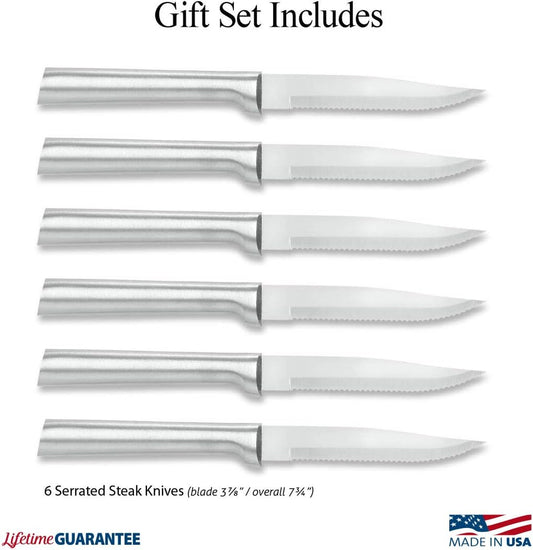 Six Serrated Steak Knife Set (S6S), Silver Handle | 6-Piece Knife Set , Stainless Steel Blade, Silver Cast Aluminum Handle