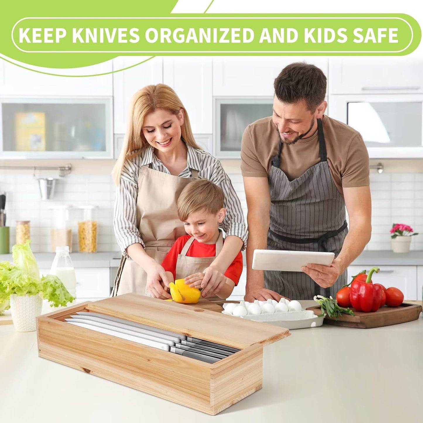 Knife Lock Box - Kitchen Knife Storage Box, Kids Safe In Drawer Knife Block, Wooden Sharp Knives Holder & Organizer, Multi Purpose Lock Box, Knife Storage Alternative (Knives Not Included)