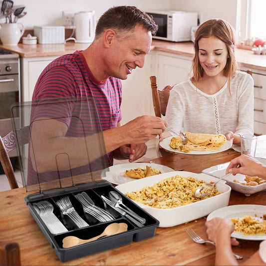 Silverware Organizer with Lid, Covered Utensil Tray for Kitchen Drawer and Countertop, Plastic Cutlery and Flatware Storage Box for Spoons Forks Knives Holder Case, BPA Free Flatware (BLACK)