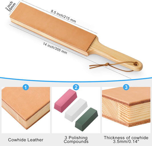 Double Side Leather Strop for Knife Sharpening - 14"x 2" Stropping Block Kit with Polishing Compound, Knife Strop with Ergonomic Handle for Honing Knives, Woodworking Chisels
