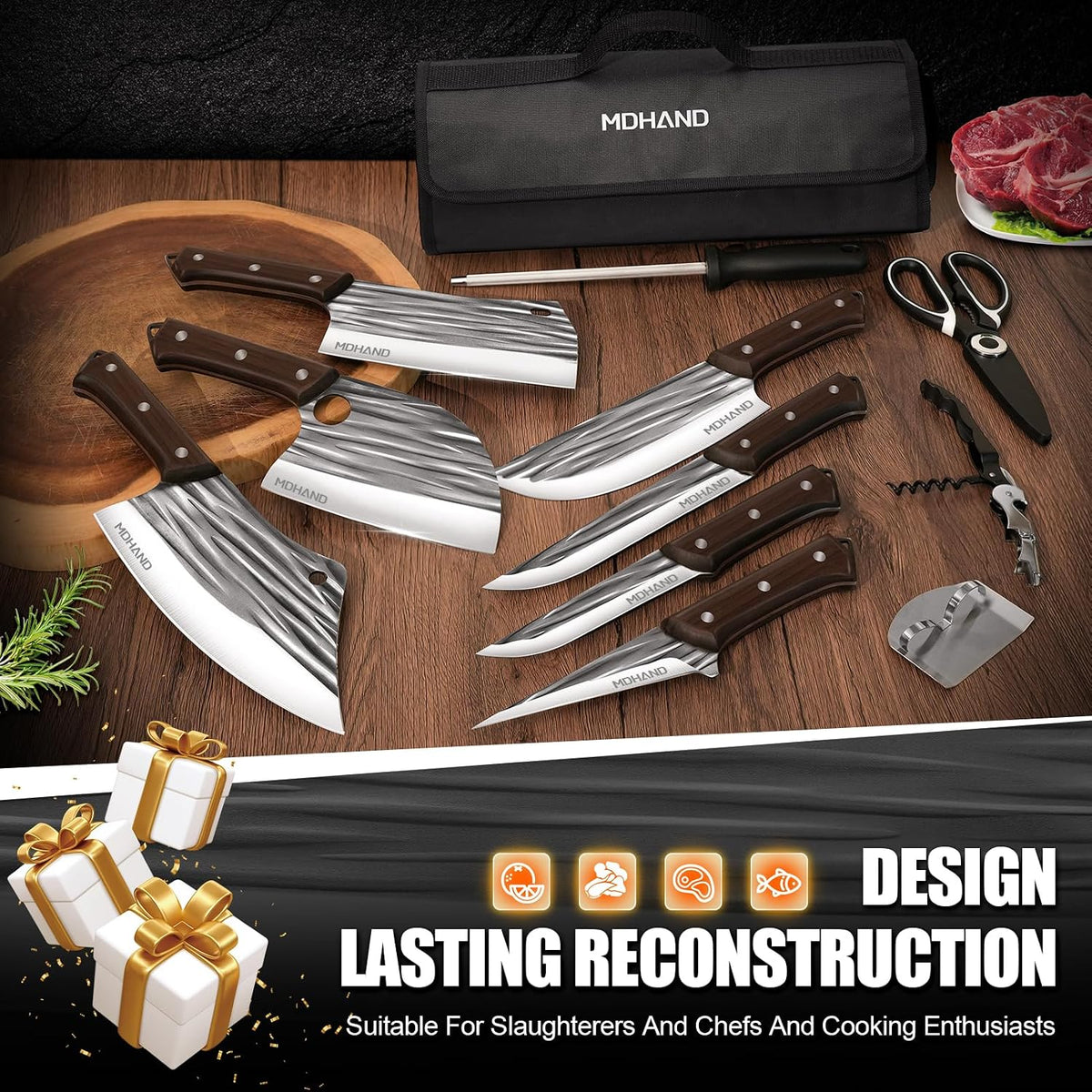 Butcher Knife Set, Hand Forged Butcher Chef Knife Set with Roll Bag