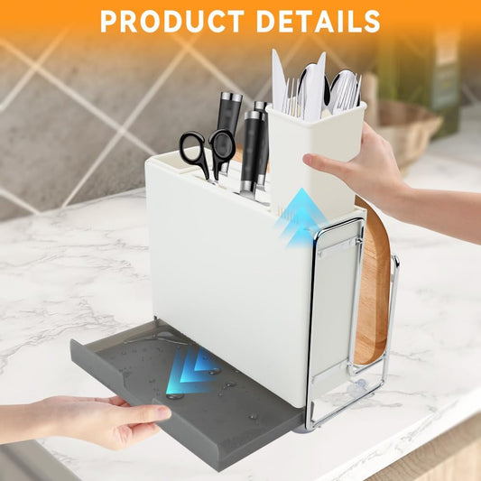 Knife Holder, Knife Block Multifunctional Large Capacity with Cutting Board Organizer, Kitchen Knife Block Utensil Stand Storage for Countertop Kitchen (White)