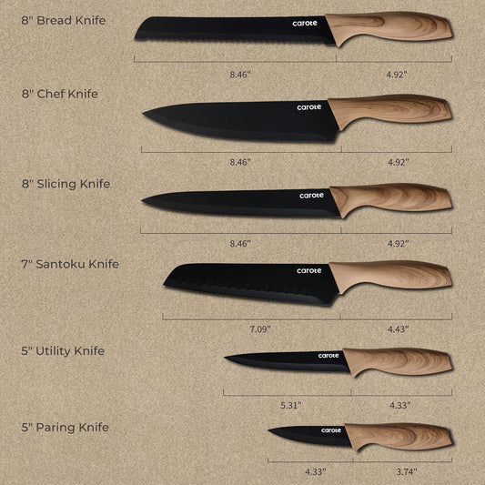 12-Piece Knife Set, Knives with Wood-Grain Finish Handles, Black | 6 Blade Guards, Stainless Steel Blade, Ceramic Nonstick Coating, Long-Lasting Sharpness, Rust-Resistant, Kitchen, Camping, RV