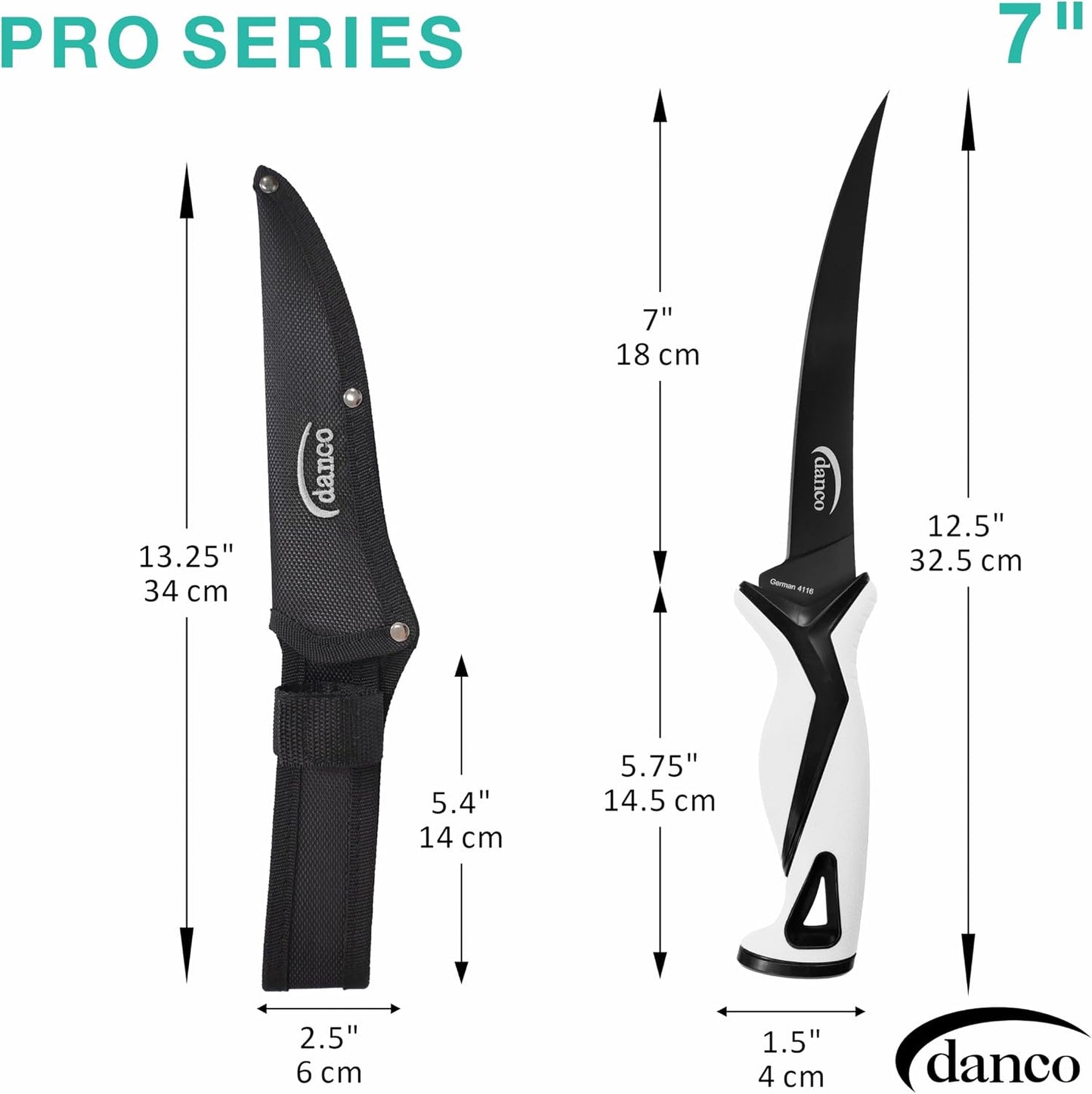 danco Pro Series 5-Inch Fillet Knife with German Steel Blade and Sheath | Pro Series 5-Inch Fillet Knife, Full Tang German G4116 Stainless Steel Blade, Teflon Coating, TPR Grip, Molded Nylon Sheath