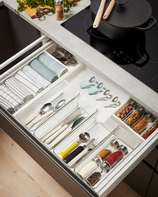 8 Pack Clear Plastic Drawer Organizer Bins Set, Stackable Cutlery Storage Bins Trays for Organizing Kitchen, Bathroom, Office, Crafts, Gadgets, Cabinet Supplies