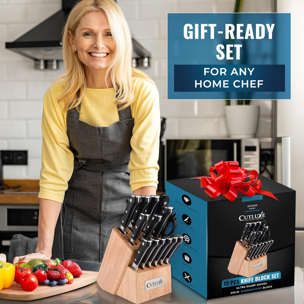 15-Piece Knife Set, Kitchen Knives with Walnut Wood Block | High Carbon German Steel Blades, Full Tang Ergonomic Pakkawood Handles – Artisan Series