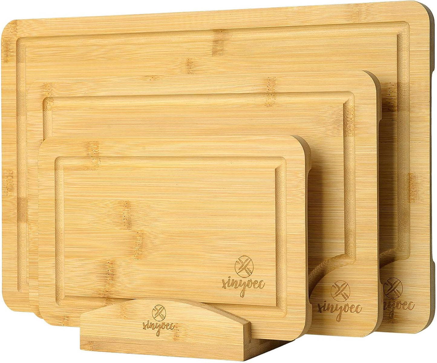 Bamboo Cutting Board Set for Kitchen - Cutting Board Set of 3 with Groove and Cutting Board Rack, Easy to Clean, Ideal for Bamboo Chopping Board Set for Chopping Meat, Vegetables, Fruits