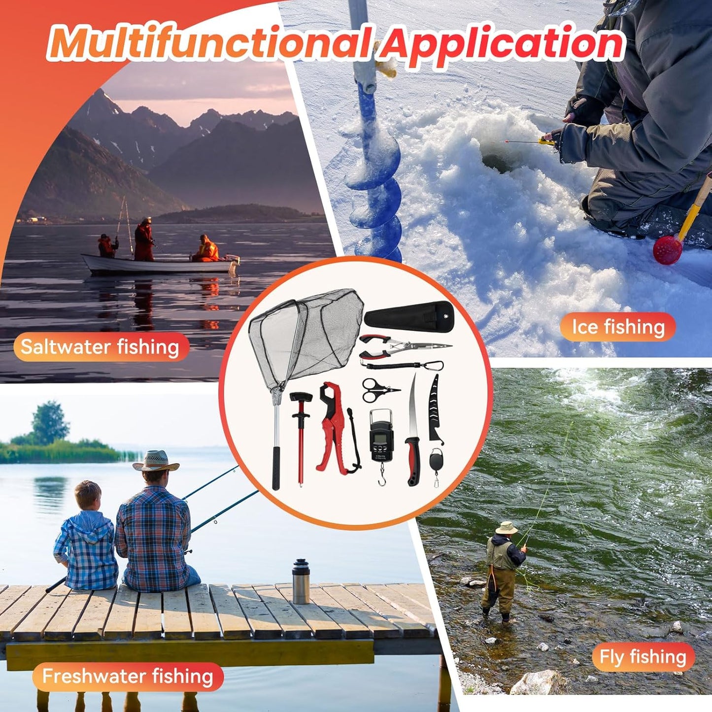 9 Pcs Fishing Tool Kit, Fishing Pliers with Lanyard and Protective Sheaths, Landing Net, Fillet Knife, Fish Scale, Gripper