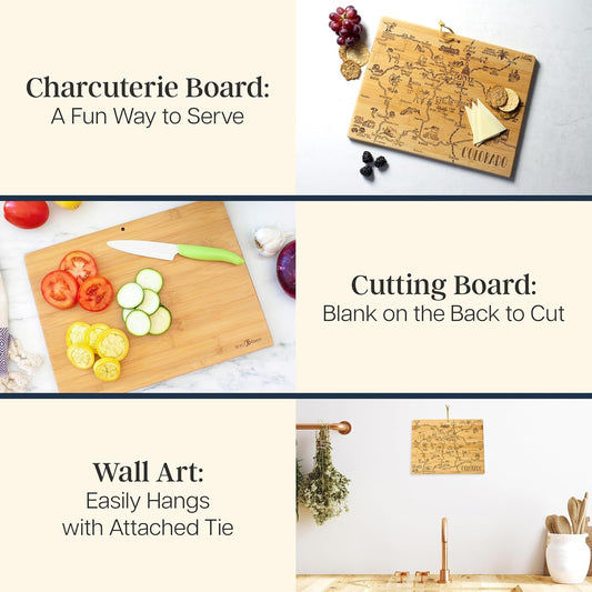 Destination Colorado State Shaped Cutting Board | State charcuterie serving board with engraved map artwork. Smooth reverse side for food prep. Hang tie for wall display.