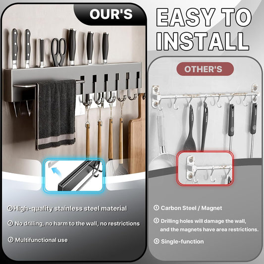 No Drill Wall Mounted Knife Block & Holder with 6 Removable Hooks, Multipurpose Kitchen Storage Organizer Rack for Knives, Utensils, Towels - Space-Saving Design for Home & Kitchen, Gray