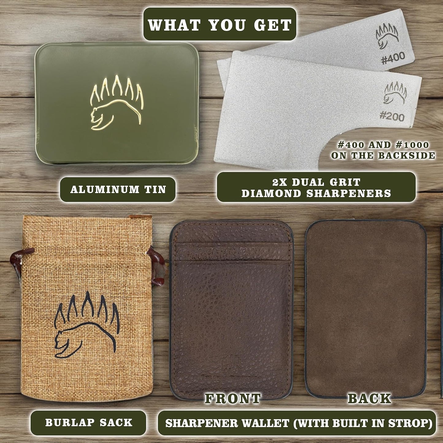 2X Dual Grit Diamond Sharpening Stone + Leather Wallet Strop | By The Bear Essentials | Pocket Credit-Card Sized Field Sharpener for Camping, Bushcraft, Outdoors, Survival, EDC - Dark Brown