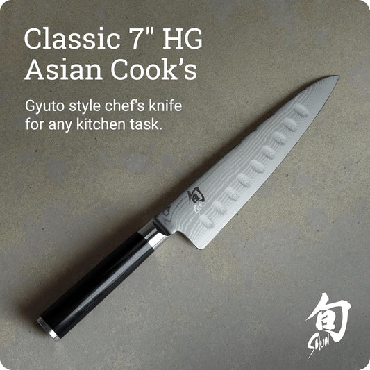 Shun Classic 7" Hollow Ground Asian Cook’s Knife, Handcrafted Japanese Kitchen Knife, VG-MAX Core Damascus Stainless Steel Cladding, Pakkawood Handle, Gyuto-Style Tool for Professional and Home Chefs