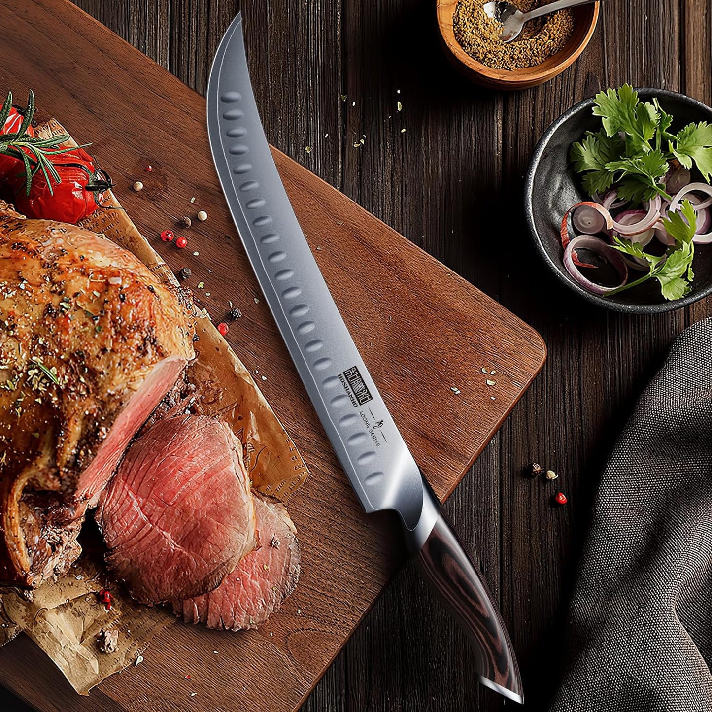 HOSHANHO Carving Knife 12 Inch, Japanese High Carbon Steel Slicing Knife with Ergonomic Pakkawood Handle, Razor Sharp Brisket Knives for Meat Cutting, BBQ, Turkey