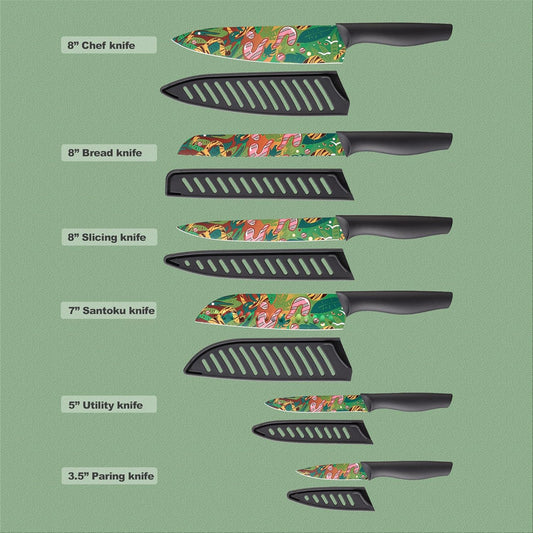 Marco Almond Knife Set Artistic Designed Pattern Kitchen Knife 6 Stainless Steel Kitchen Knives w 6 Blade Guards, Dishwasher Safe Knives for Family Kitchen Knives Set for Chefs