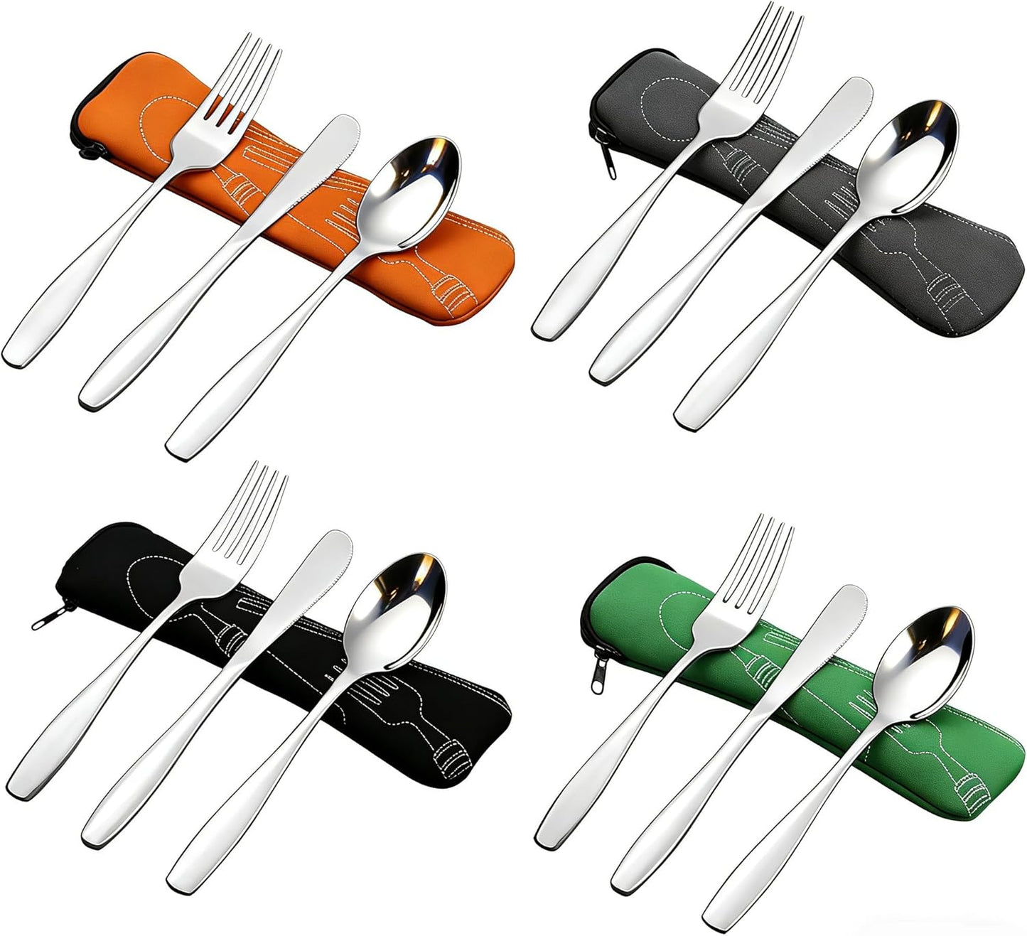 3-Piece Stainless Steel Picnic Cutlery, Portable Silverware Set for Work, Travel Utensil Set w/Case, 4-Pack