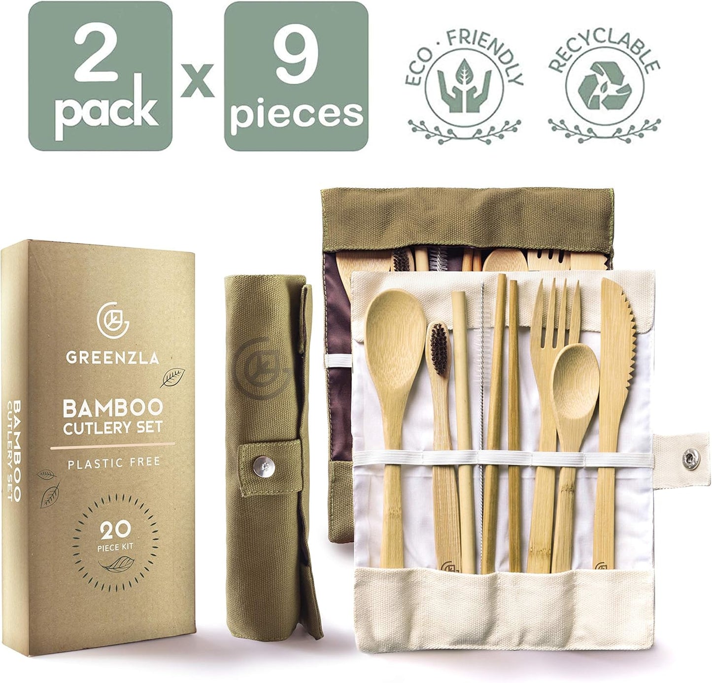 Greenzla Double Pack Bamboo Utensils Set with Bonus Toothbrush Pair, Straw, Spoon, Fork, Knife, Teaspoon, Chopsticks, Brush & Duo Storage Bags - Reusable Bamboo Cutlery - Wooden Utensil Set