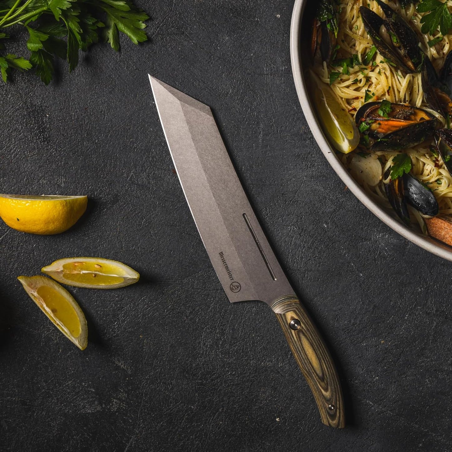 Messermeister Carbon 8” Bunka Chef’s Knife - Bohler K110 High Carbon Steel with a Ceramic Stonewash Finish - Resin-Stabilized Wood Handles - Handcrafted in Maniago, Italy