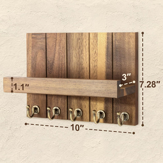 Rebee Vision Decorative Key and Mail Holder for Wall - Farmhouse 15 Inches Floating Shelf with 7 Sturdy Key Hooks for Home Entryway Wall Decor - Rustic Key Racks (Black,15-inch)