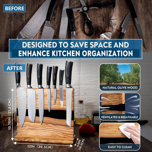 Magnetic Knife Block Stand - Italian Olive Wood Kitchen Knife Holder Rack with Resin Flow Design - Double Sided Strong Magnet Knife Block - Universal Knife Organizer Holds 18 Knives - Blue Resin