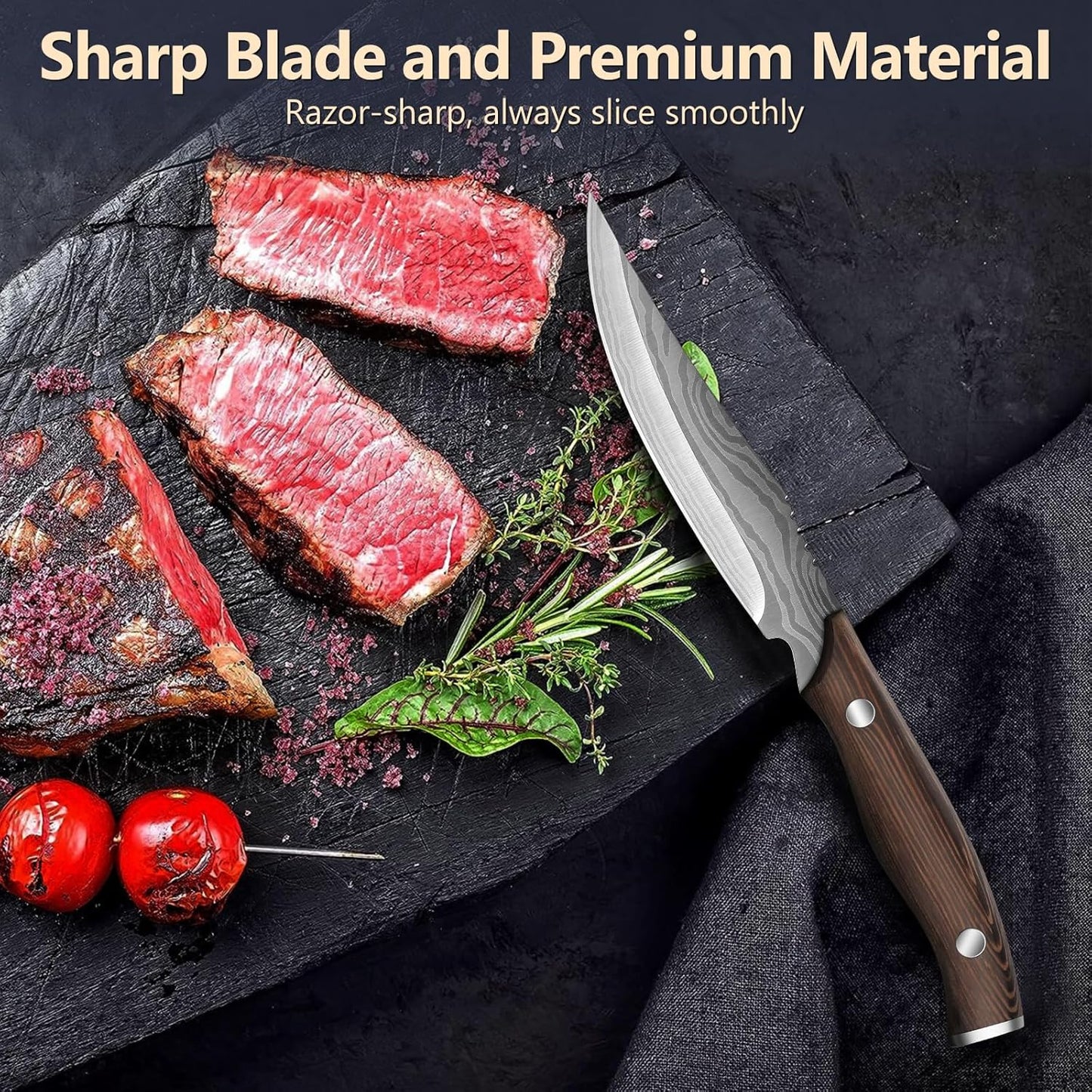 Dragon Creek Steak Knives Set of 6, High-Carbon Steel Steak Knife Set with Wooden Handle, 4.3 Inch Non-serrated Steak Knives, Razor-Sharp Dinner Knives With Gift Box
