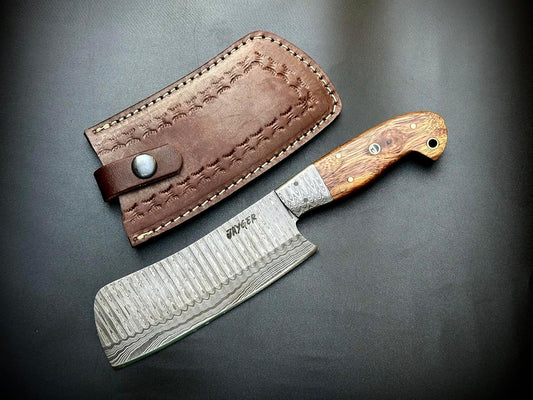Handmade Nakiri Chef Knife 9.4" | Damascus Steel Full Tang Blade 5.5" | Rose Wood Handle & Leather Sheath | Sharp Japanese Chef Knife for Cooking, Chopping & Kitchen Use