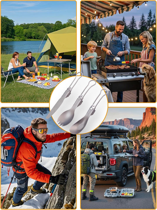 DWLXVJA Titanium Camping Utensils Set, 3-Piece Foldable Spork Spoon Knife with Case, 0.15lb Lightweight Travel Flatware for Backpacking Outdoor Hiking Office Lunch, Reusable Eco-Friendly Gift