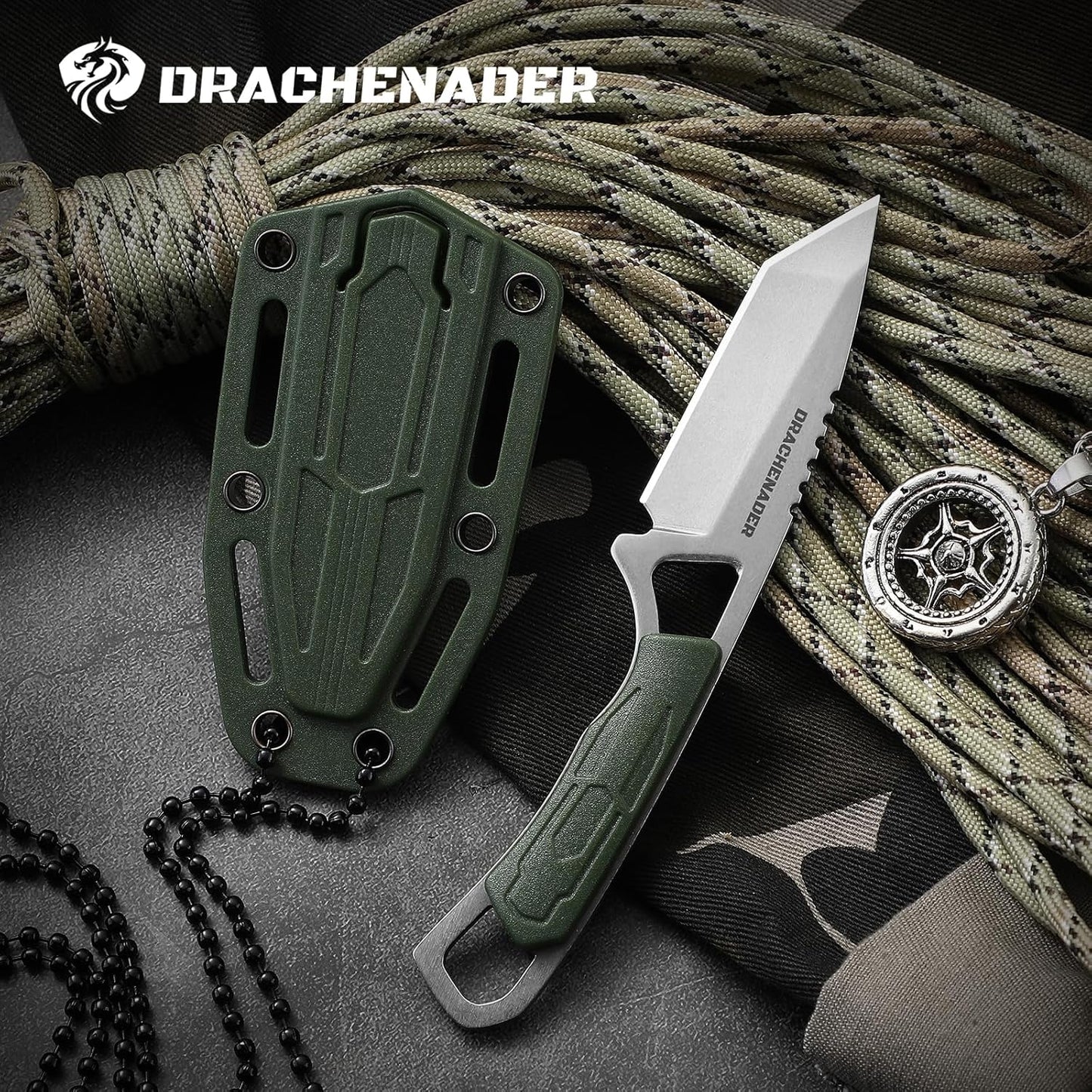 DRACHENADER Neck Knife Tanto Small, Mini Neck Knife with Sheath and Necklace Fixed Blade Knives Full Tang Outdoor Knives, Green
