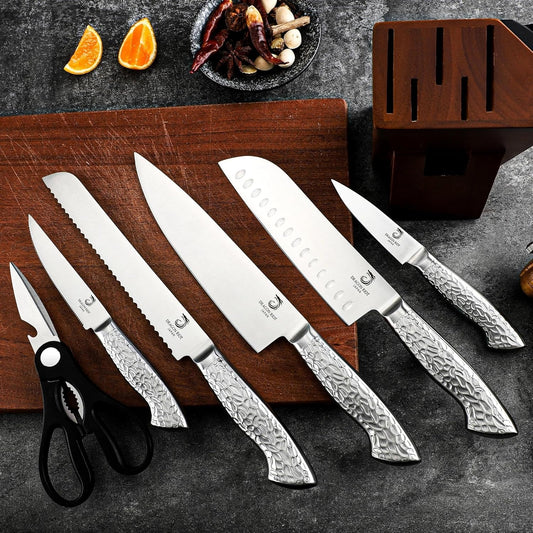 14 PCS Knife Set with Wood Block - Stainless Steel Kitchen Knife Block Set with Built in Sharpener, Dishwasher Safe, Rust Resistant, Non-Slip Ergonomic Handle - Gift for Men Women and Housewarming