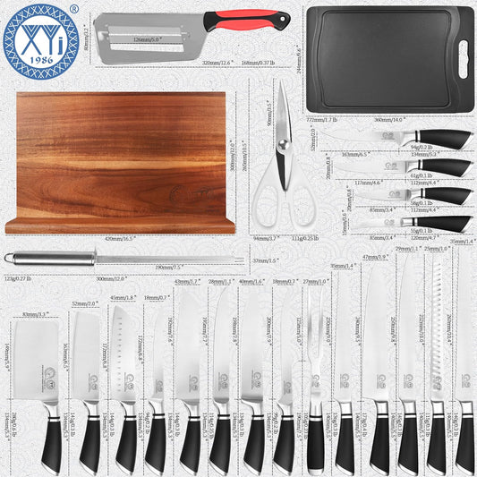XYJ Knife Block Set, Stainless Steel Kitchen Knives Set with Magnetic Knife Holder, Fork, Cutting Board, Honing Steel, Scissors, Peeler, Cut Resistant Gloves, Japanese Style Slicing Chef Knives