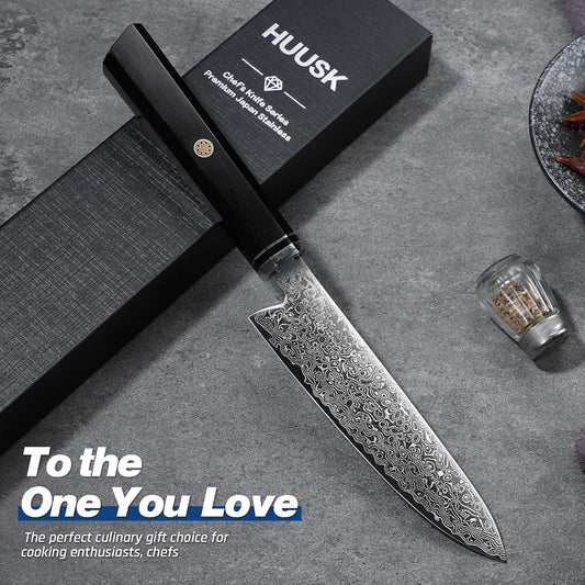 Huusk Damascus Kiritsuke Knife 8 inch - Japanese Knives with Wooden Handle, Hand Forged Chef Knives for Home Use, Razor Sharp Cooking Knife, Birthday Christmas Gifts for Men Women