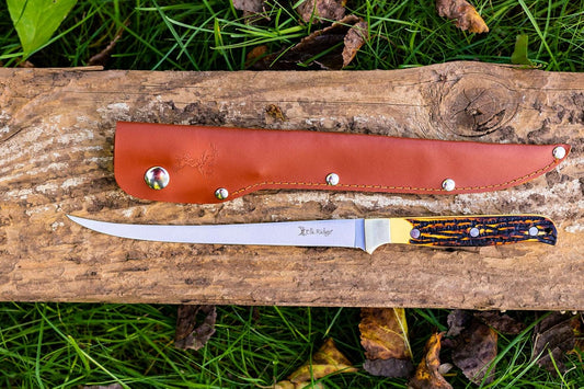 Elk Ridge - Outdoors Fixed Blade Fillet Knife - 12.25-in Overall, 440 Stainless Steel Blade, Jig Bone Handle, Leather Sheath - Hunting, Camping, Survival - ER-146