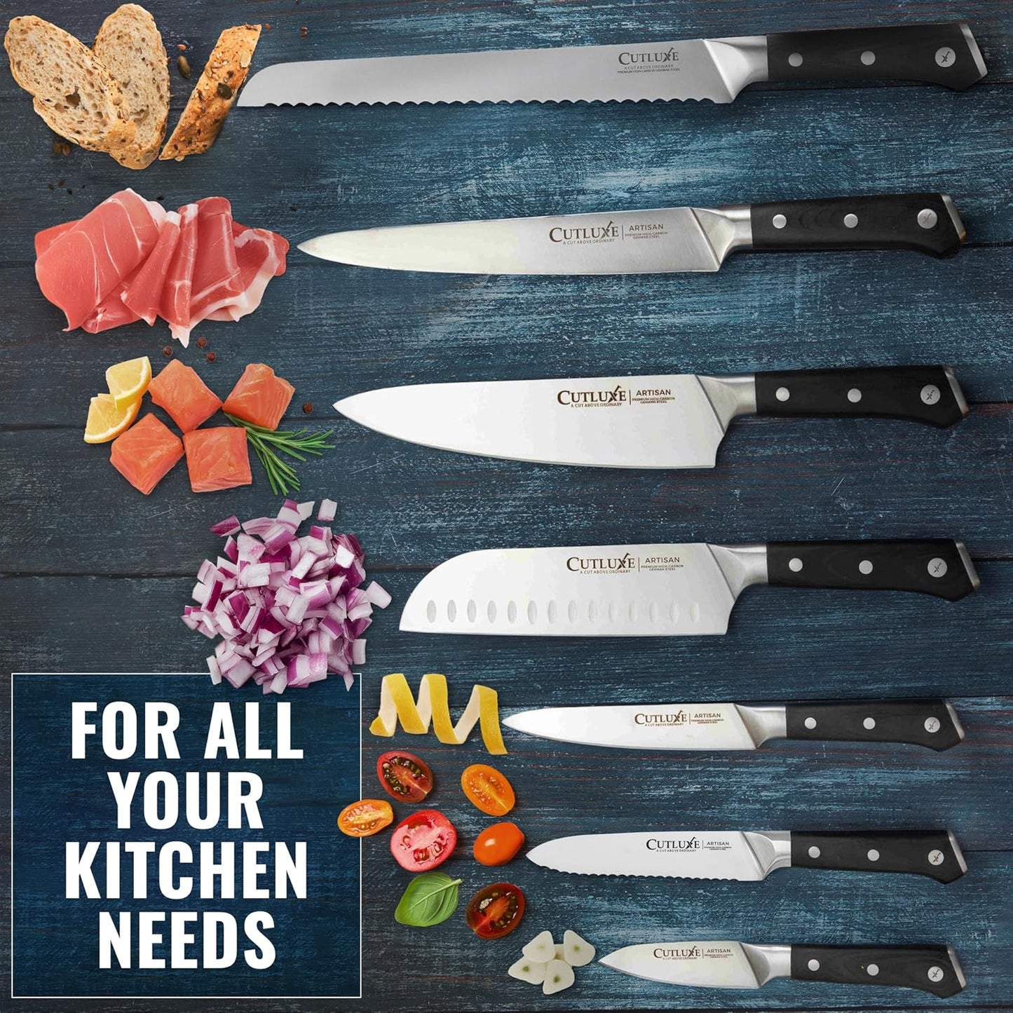 Cutluxe Chef Knife Set, 7 PCS Professional Chef's Knife Set – Razor Sharp German Steel, Full Tang, Ergonomic Handles – Artisan Series