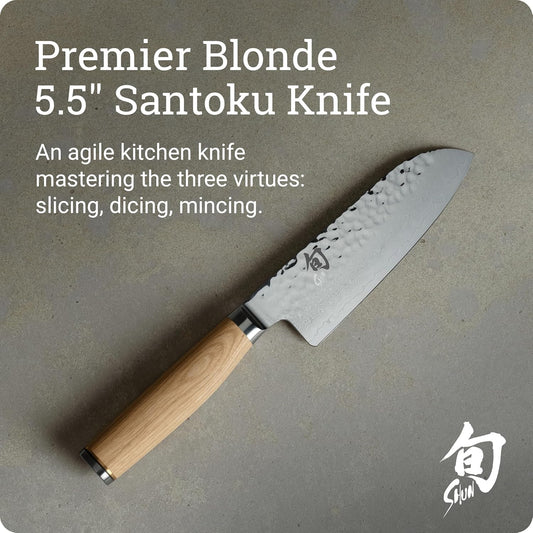 Shun Premier 5.5" Santoku Knife, Handcrafted and Hand-Sharpened Japanese All Purpose Knife, VG-MAX Core with Damascus Stainless Steel Cladding, Pakkawood Handle, Versatile Japanese Cutting Tool
