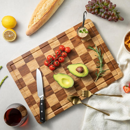 Bamboo Cutting Boards for Kitchen, End Grain Wood Cutting Board with Juice Grooves & Handles, Charcuterie Checkered Chopping Board Thick Butcher Block Serving Tray with Gift Box, 16.5"×11.6"× 1"