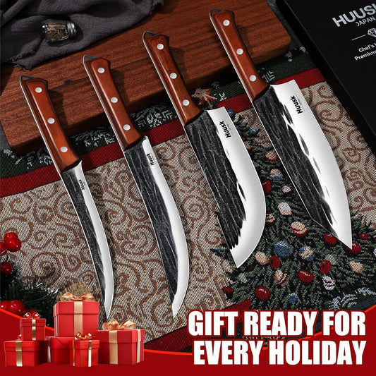 Huusk Butcher Knife Set, 4 PCS Hand Forged BBQ Knife Set for Meat Cutting, Sharp Meat Carving Breaking Knives with Ergonomic Handle, Christmas Gifts for Men Women
