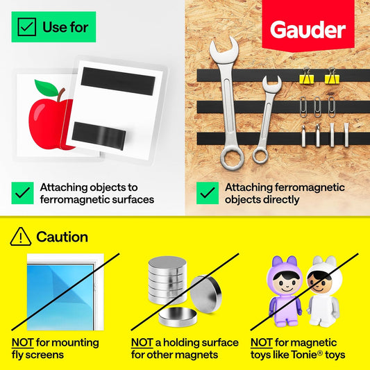 GAUDER Magnetic Tape Strong Self-Adhesive - Cut-to-Length Magnet Strip with High Magnetic Force - Heavy-Duty Adhesive Magnet Tape (10 ft x 0.8 in)