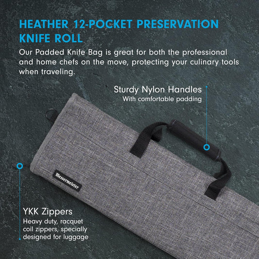 Messermeister Preservation 12-Pocket Knife Luggage, Heather Gray - 12 Elasticized, Reinforced Pockets for Culinary Tools - Holds Up to 18” Knife - Made From 100% Recycled Water Bottles