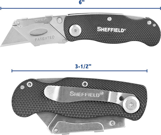 Sheffield 12514 Folding Utility Knife 3 Pack,Stocking Stuffers, Gifts for Men, Dad Gifts, Quick Change Utility Knife Blades, Compact Aluminum Handle, Box Cutter, Razor Blades Included