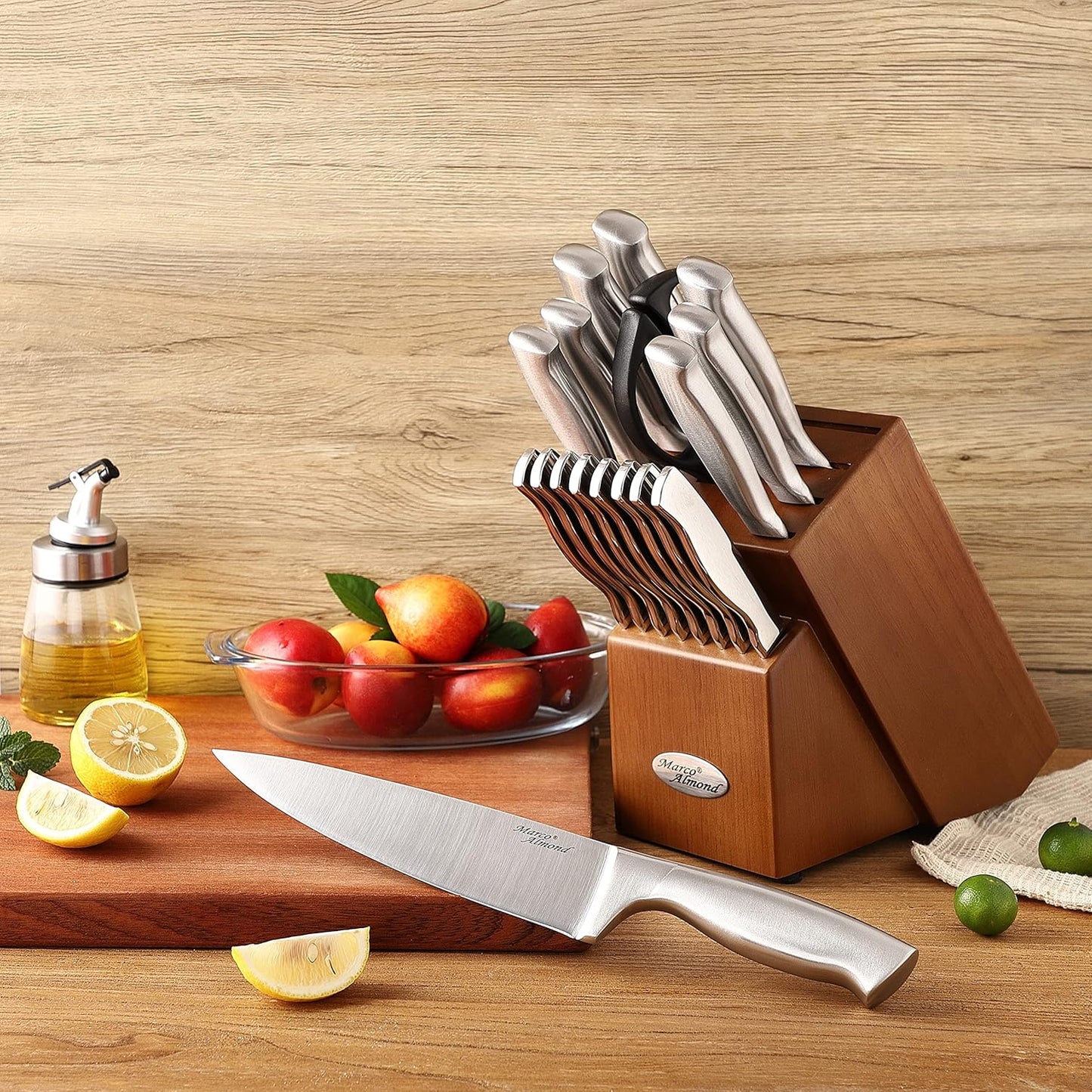 Marco Almond® Knife Block Set, KYA26 Knife Set with Block, 14 Pieces Stainless Steel Chef Kitchen Knives with Built-in Sharpener