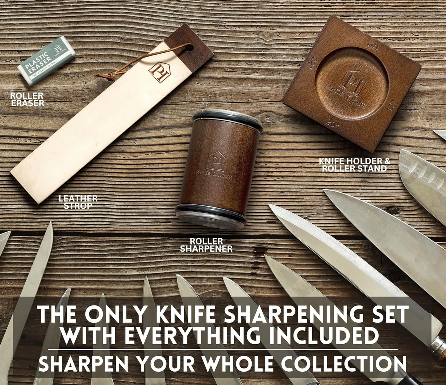 Rolling Knife Sharpener with Leather Strop and 15, 17, 20 & 22 Degree Angles - Knife Sharpener Kit - Roller Knife Sharpening System with Stand, Holder & Eraser - Walnut Brown