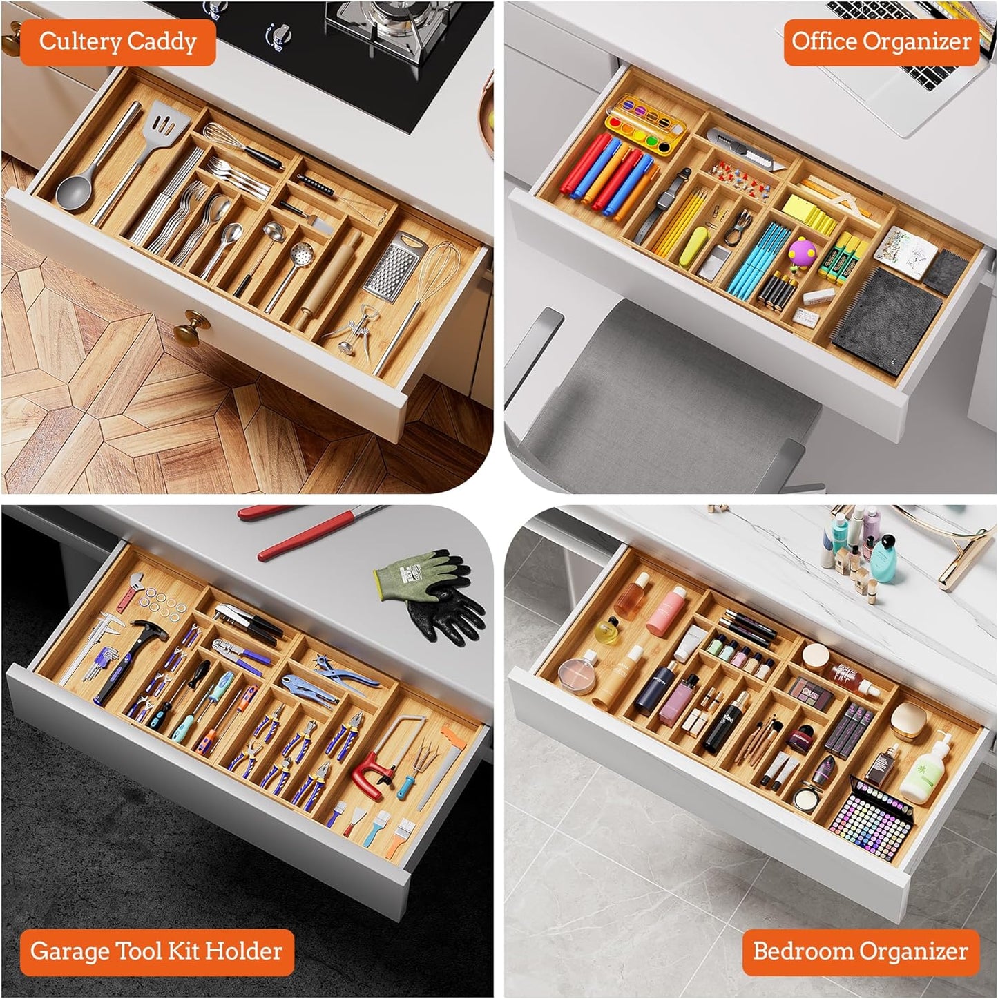 Silverware Organizer Large, Magnetic Connected Expandable 11 Slots Silverware Drawer Organizer From 21 to 37.4 Inches, Adjustable Flatware and Cutlery Holder, Bamboo Utensil Tray for Kitchen Natural