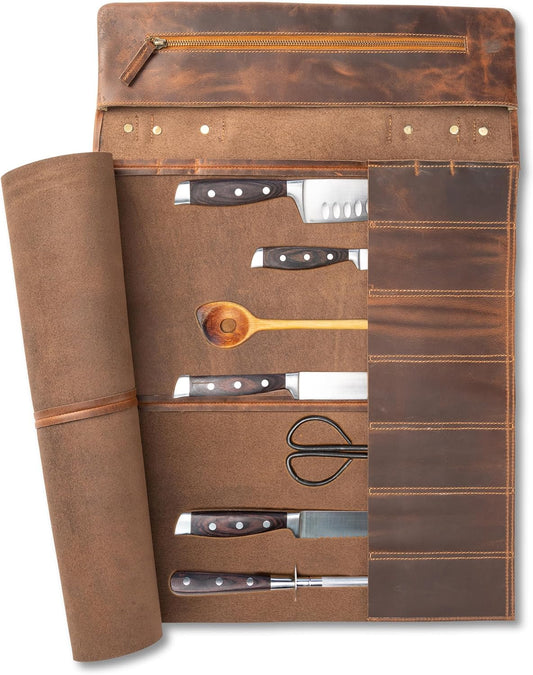 Angus Stoke knife bag - XL knife roll storage case and extras, premium buffalo leather, chef's bag Ethan (Brown)