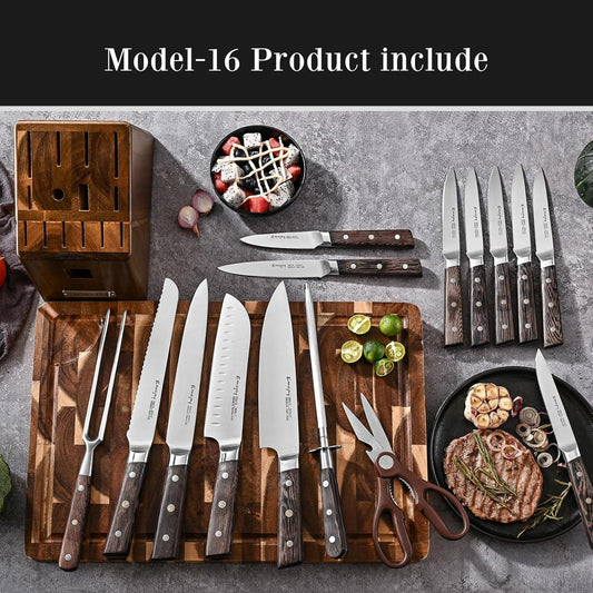 Knife Set,Emojoy 16-Piece Kitchen Knife Set with Block, Knife Block Set with Kitchen Shears and Sharpener, High Carbon German Steel(Natural Wenge)