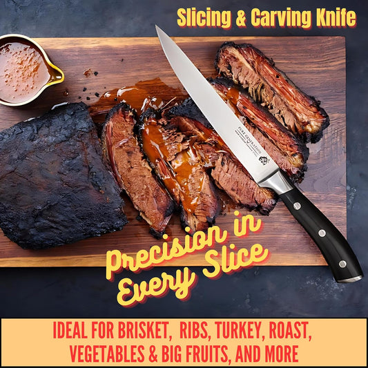 8" Carving Knife for Meat – Butcher Knife, Razor Sharp German Steel Slicing Knife with Ergonomic Handle for Turkey, Ham, Fruits, and Meat Cutting
