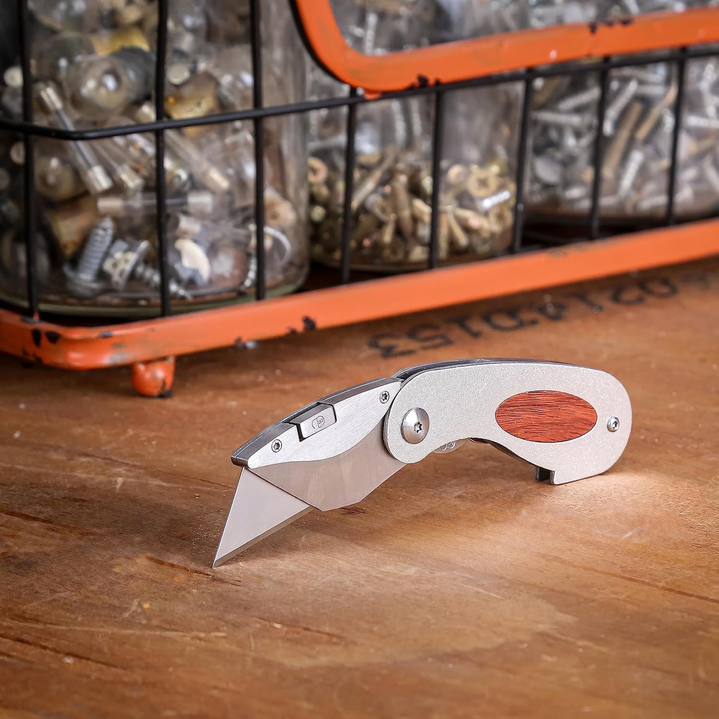 Sheffield Folding Utility Knife, Accepts Standard Utility Knife Blades, Box Cutter Aluminum Handle, Attractive Wood Finish, For Home, Office, Trades, and Warehouse